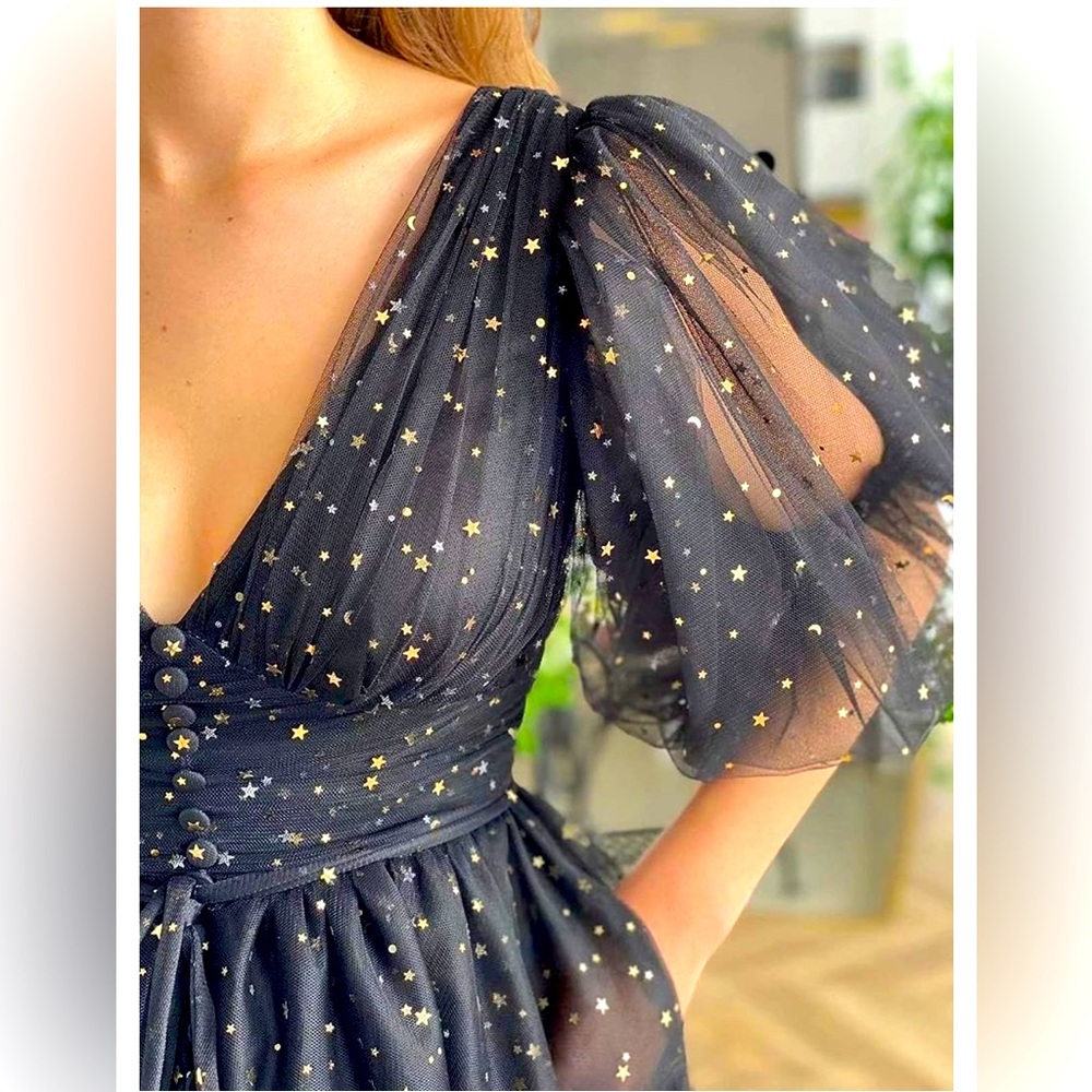 Sparkle Starry Tulle A Line Puffy Sleeve Fantasy, Witch, Prom Dress